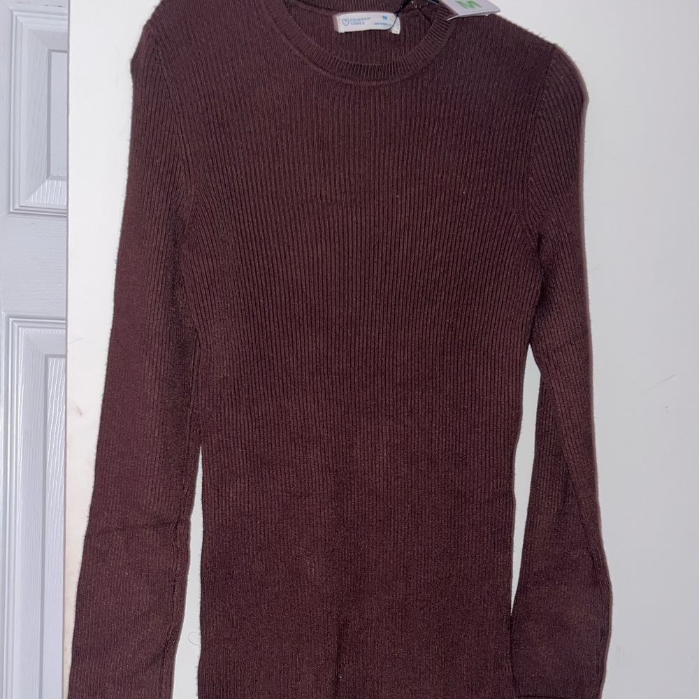 Brown Ribbed Long Sleeve Midi Sweater Dress